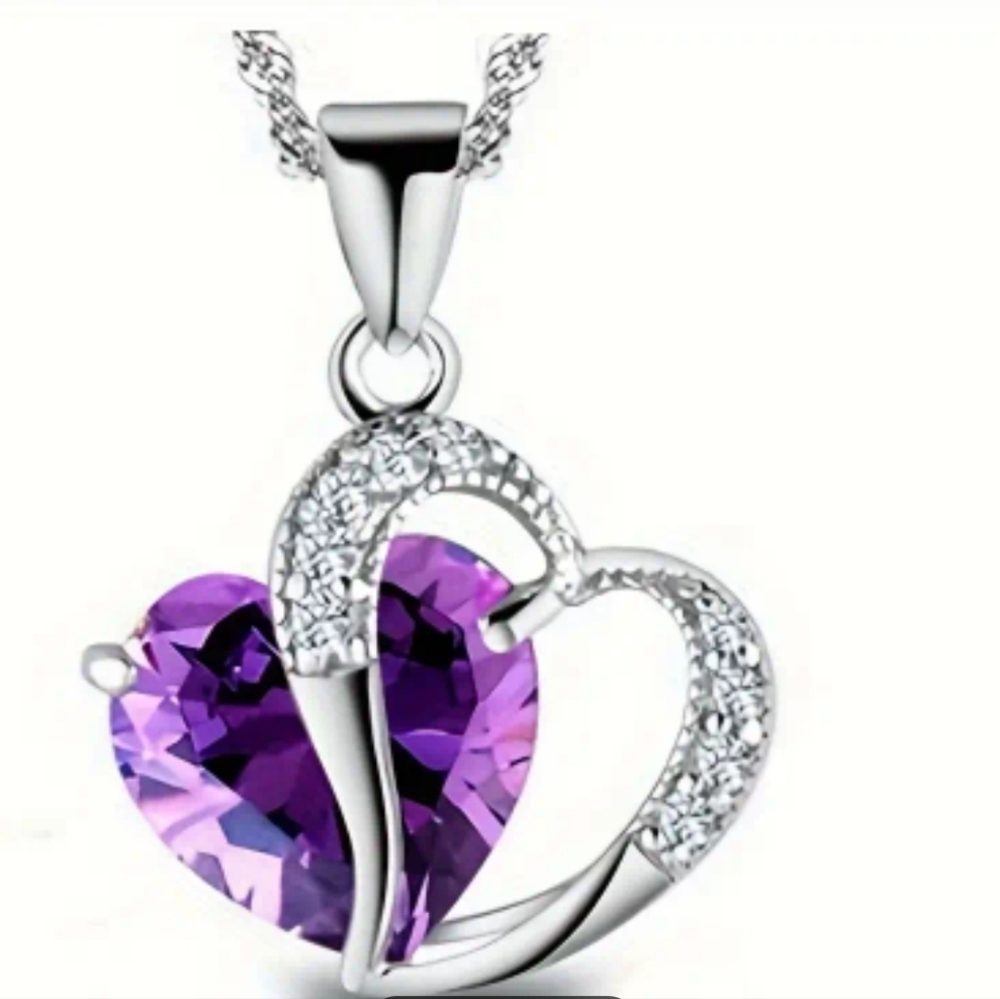 Purple Cubic Zirconia double heart pendant necklace